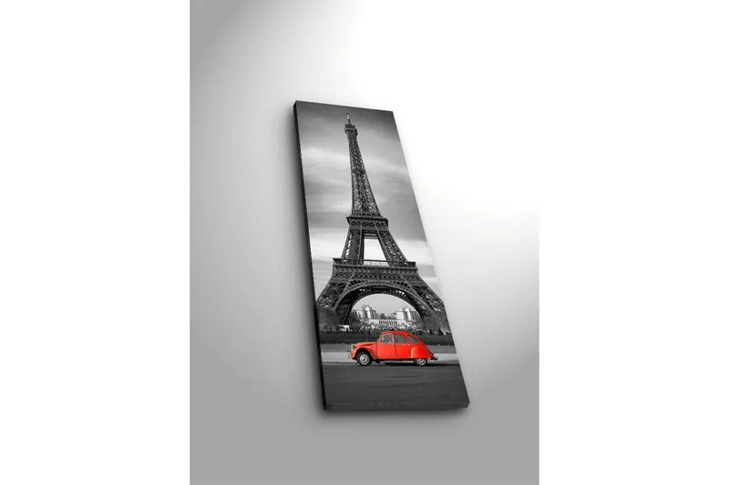 Canvas-taulu LED-valaistuksella 90x30 cm - mustavalkoinen kuva Eiffel-tornista ja punainen auto etualalla - Punainen / Musta / Harmaa - Sisustustuotteet - Taulu & taide - Canvas-taulu