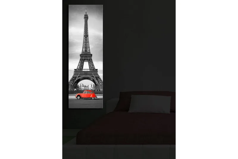 Canvas-taulu LED-valaistuksella 90x30 cm - mustavalkoinen kuva Eiffel-tornista ja punainen auto etualalla - Punainen / Musta / Harmaa - Sisustustuotteet - Taulu & taide - Canvas-taulu