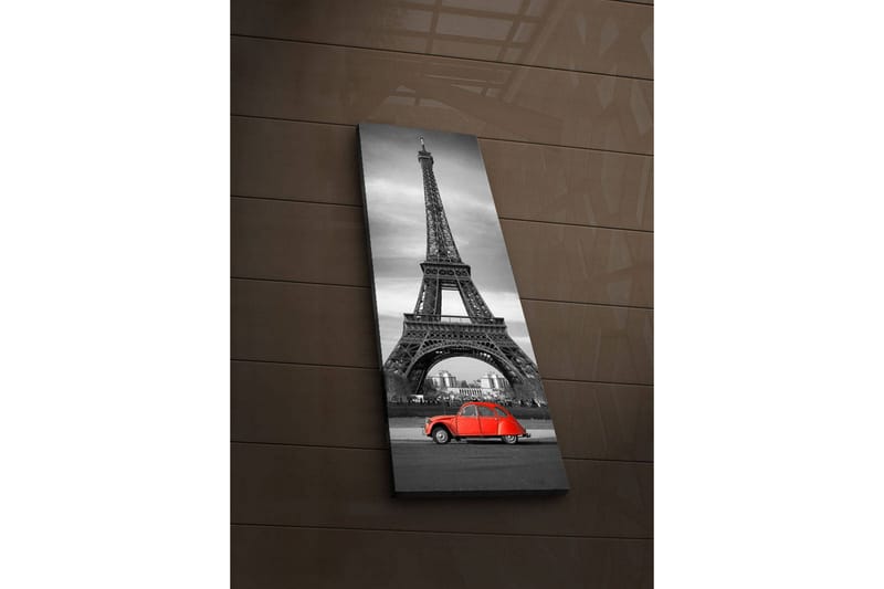 Canvas-taulu LED-valaistuksella 90x30 cm - mustavalkoinen kuva Eiffel-tornista ja punainen auto etualalla, Punainen / Musta / Harmaa