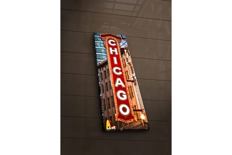 Canvas-taulu LED-valaistuksella 90x30 cm - Neonvalomainos tekstillä Chicago, Punainen / Valkoinen / Ruskea