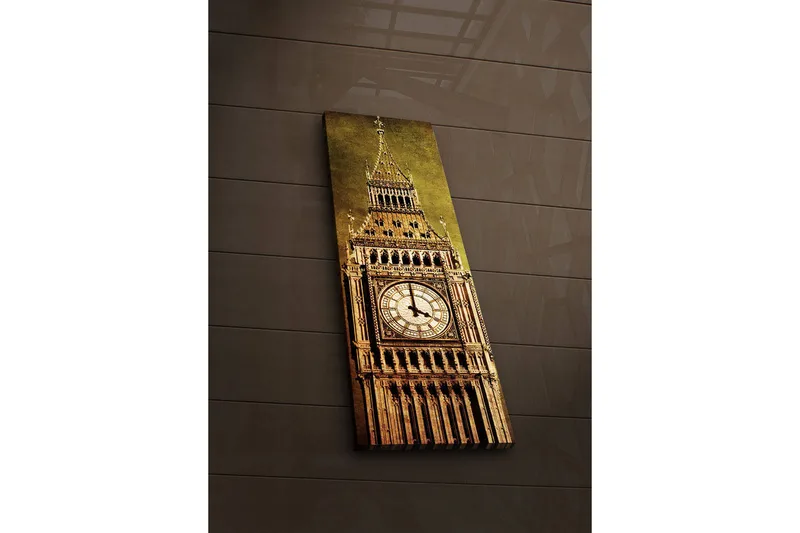 Canvas-taulu LED-valaistuksella 90x30 cm - Upea kellotorni yksityiskohtaisella arkkitehtuurilla, Kulta / Ruskea / Beige