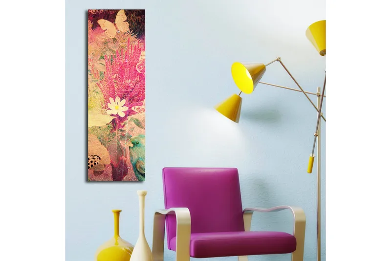 Canvas-taulu LED-valaistuksella 90x30 cm - Värikäs kukkien ja perhosten sommitelma - Vaaleanpunainen / Vihreä / Valkoinen - Sisustustuotteet - Taulu & taide - Canvas-taulu