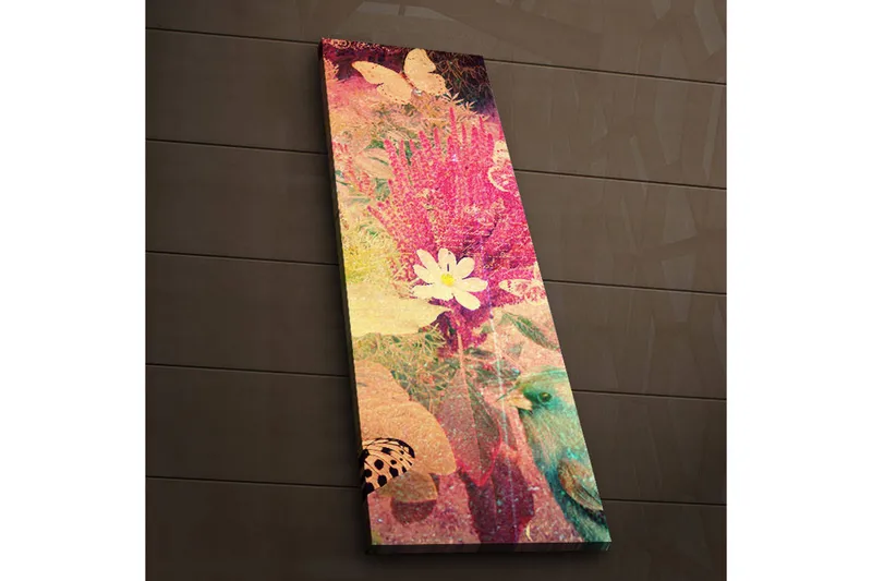 Canvas-taulu LED-valaistuksella 90x30 cm - Värikäs kukkien ja perhosten sommitelma, Vaaleanpunainen / Vihreä / Valkoinen