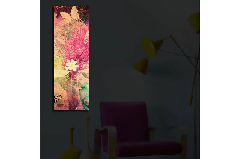 Canvas-taulu LED-valaistuksella 90x30 cm - Värikäs kukkien ja perhosten sommitelma - Vaaleanpunainen / Vihreä / Valkoinen - Sisustustuotteet - Taulu & taide - Canvas-taulu