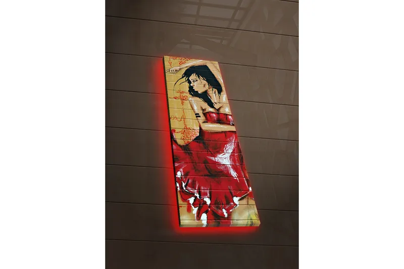 Canvas-taulu LED-valaistuksella 90x30 cm - Punamekkoinen nainen aistillisessa poseerauksessa, Punainen / Beige / Musta
