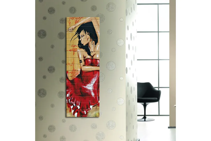 Canvas-taulu LED-valaistuksella 90x30 cm - Punamekkoinen nainen aistillisessa poseerauksessa - Punainen / Beige / Musta - Sisustustuotteet - Taulu & taide - Canvas-taulu