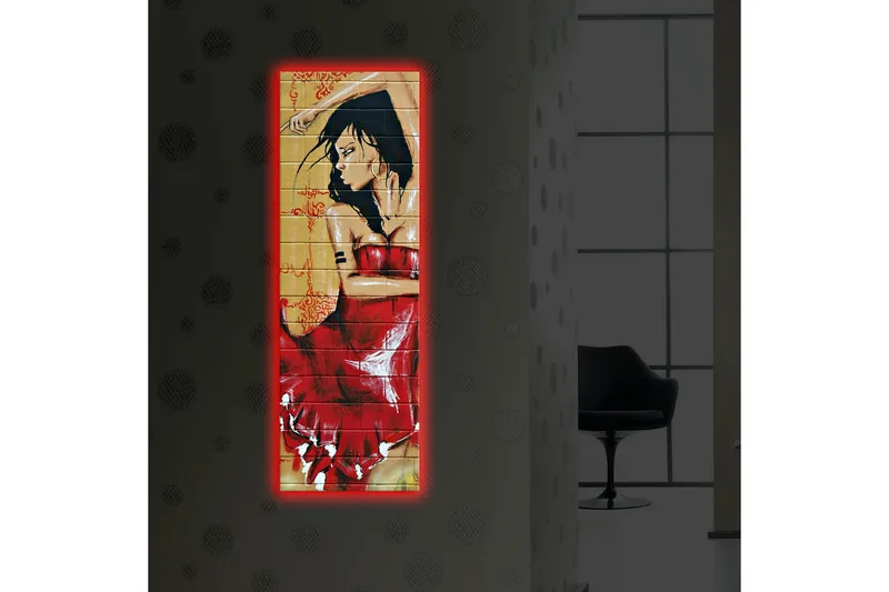 Canvas-taulu LED-valaistuksella 90x30 cm - Punamekkoinen nainen aistillisessa poseerauksessa - Punainen / Beige / Musta - Sisustustuotteet - Taulu & taide - Canvas-taulu