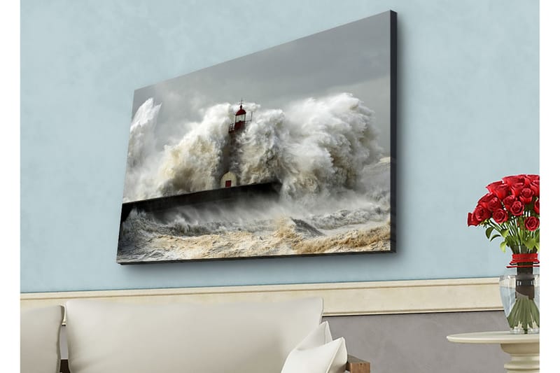 Canvas-taulu LED-valaistuksella - Aallot iskeytyvät majakkaan myrskyisällä säällä - Harmaa / Valkoinen / Ruskea - Sisustustuotteet - Taulu & taide - Canvas-taulu
