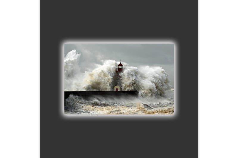 Canvas-taulu LED-valaistuksella - Aallot iskeytyvät majakkaan myrskyisällä säällä - Harmaa / Valkoinen / Ruskea - Sisustustuotteet - Taulu & taide - Canvas-taulu