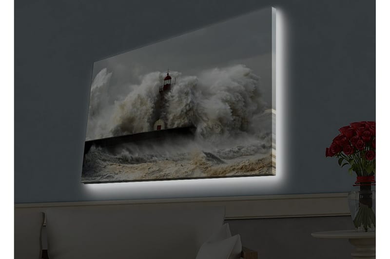 Canvas-taulu LED-valaistuksella - Aallot iskeytyvät majakkaan myrskyisällä säällä - Harmaa / Valkoinen / Ruskea - Sisustustuotteet - Taulu & taide - Canvas-taulu