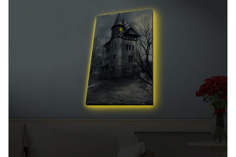 Canvas-taulu LED-valaistuksella - Aavemainen kartano kuolleiden puiden ympäröimänä - Harmaa / Musta / Keltainen - Sisustustuotteet - Taulu & taide - Canvas-taulu