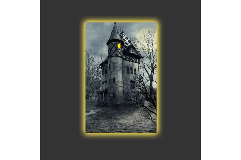 Canvas-taulu LED-valaistuksella - Aavemainen kartano kuolleiden puiden ympäröimänä - Harmaa / Musta / Keltainen - Sisustustuotteet - Taulu & taide - Canvas-taulu