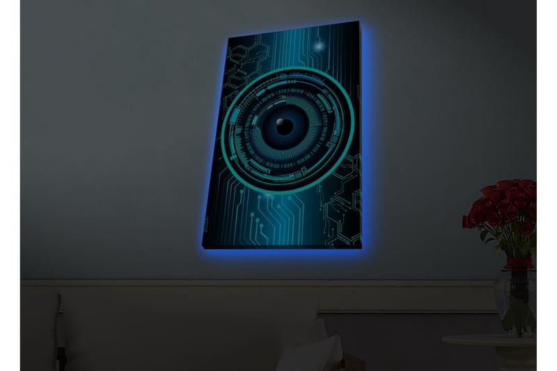 Canvas-taulu LED-valaistuksella - Abstrakti sommitelma pyöreillä kuvioilla ja teknologisilla elementeillä - Tummansininen / Turkoosi / Musta - Sisustustuotteet - Taulu & taide - Canvas-taulu