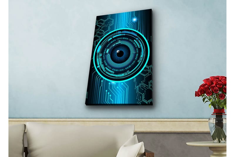 Canvas-taulu LED-valaistuksella - Abstrakti sommitelma pyöreillä kuvioilla ja teknologisilla elementeillä - Tummansininen / Turkoosi / Musta - Sisustustuotteet - Taulu & taide - Canvas-taulu