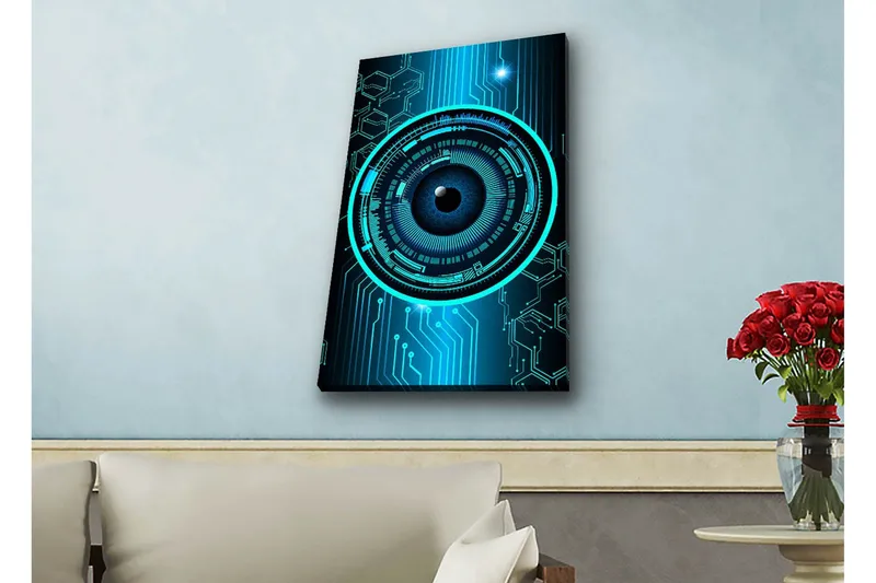 Canvas-taulu LED-valaistuksella - Abstrakti sommitelma pyöreillä kuvioilla ja teknologisilla elementeillä - Tummansininen / Turkoosi / Musta - Sisustustuotteet - Taulu & taide - Canvas-taulu
