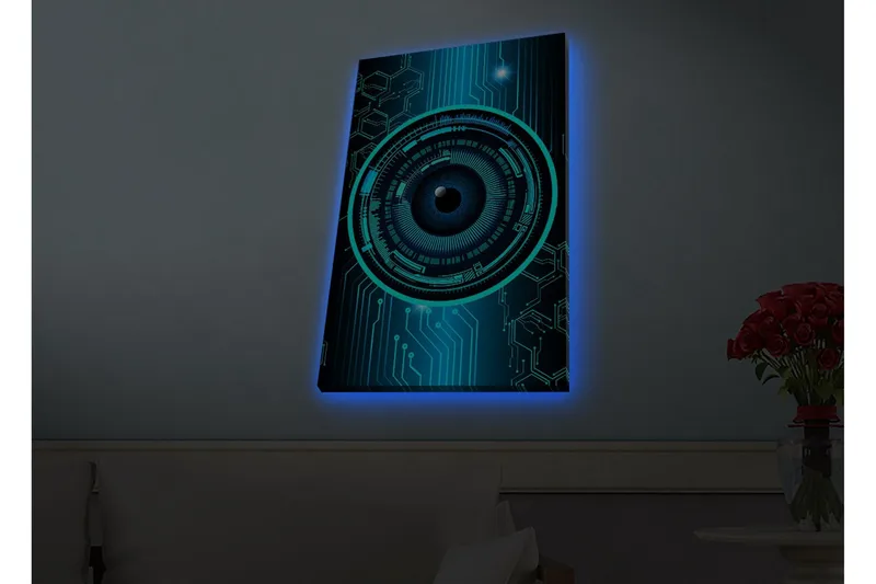 Canvas-taulu LED-valaistuksella - Abstrakti sommitelma pyöreillä kuvioilla ja teknologisilla elementeillä, Tummansininen / Turkoosi / Musta