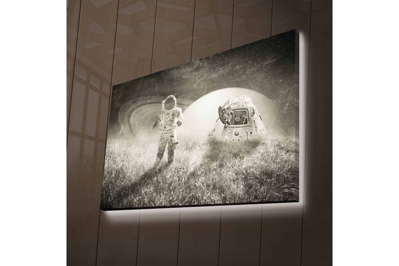 Canvas-taulu LED-valaistuksella - Astronautti futuristisessa maisemassa avaruusaluksen kanssa - Musta / Valkoinen / Harmaa - Sisustustuotteet - Taulu & taide - Canvas-taulu