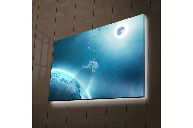 Canvas-taulu LED-valaistuksella - Astronautti leijuu avaruudessa Maan yläpuolella, Sininen / Turkoosi / Valkoinen