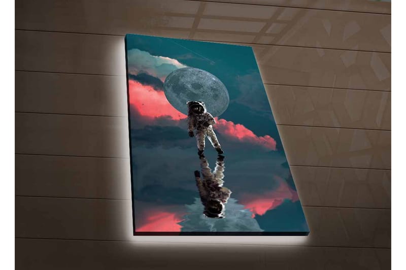 Canvas-taulu LED-valaistuksella - Astronautti leijuu unenomaisessa avaruusympäristössä suuren kuun taustalla - Tummansininen / Vaaleanpunainen / Harmaa - Sisustustuotteet - Taulu & taide - Canvas-taulu