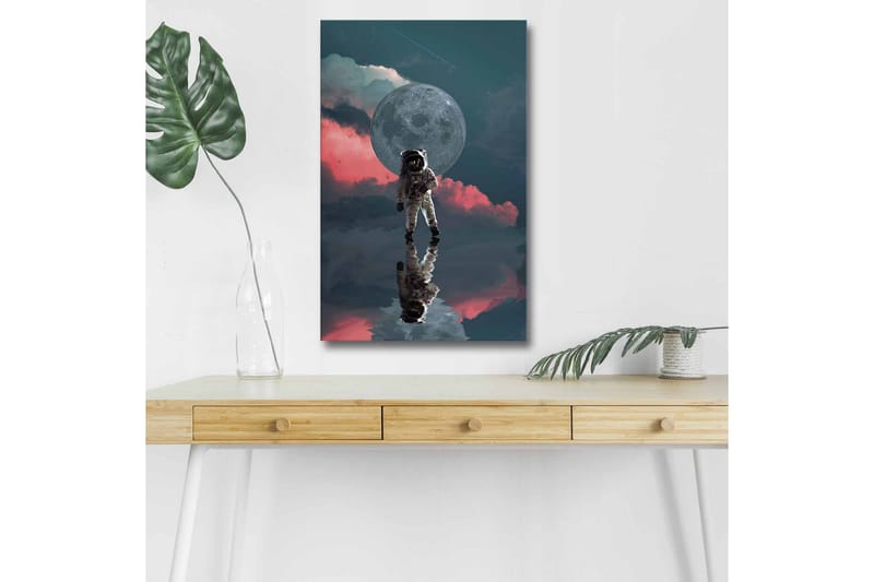 Canvas-taulu LED-valaistuksella - Astronautti leijuu unenomaisessa avaruusympäristössä suuren kuun taustalla - Tummansininen / Vaaleanpunainen / Harmaa - Sisustustuotteet - Taulu & taide - Canvas-taulu