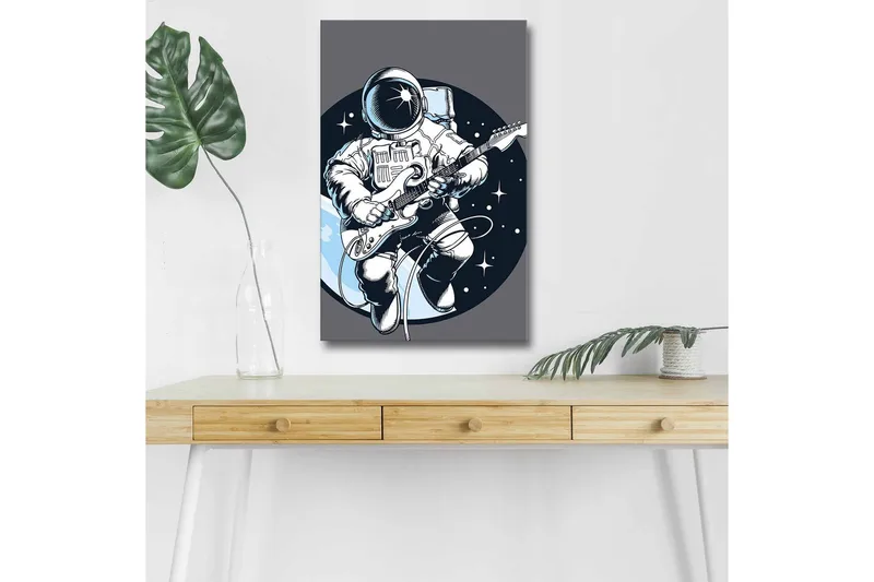 Canvas-taulu LED-valaistuksella - Astronautti soittaa kitaraa avaruudessa, Tummansininen / Valkoinen / Harmaa