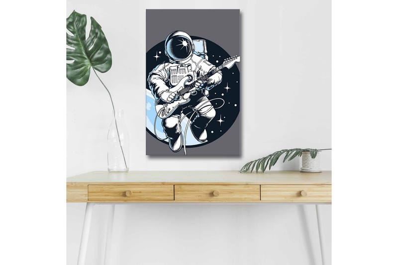 Canvas-taulu LED-valaistuksella - Astronautti soittaa kitaraa avaruudessa, Tummansininen / Valkoinen / Harmaa
