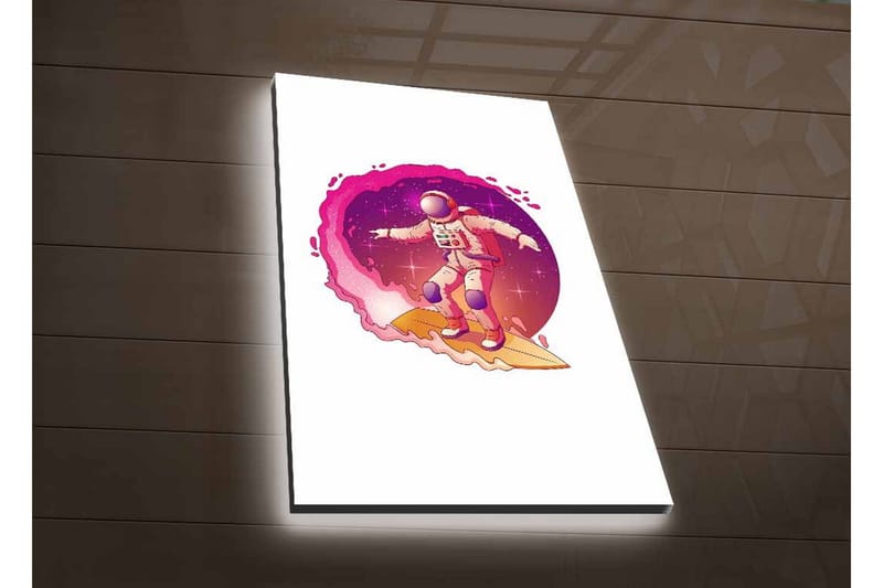 Canvas-taulu LED-valaistuksella - Astronautti surffaa avaruudessa - Vaaleanpunainen / Violetti / Beige - Sisustustuotteet - Taulu & taide - Canvas-taulu