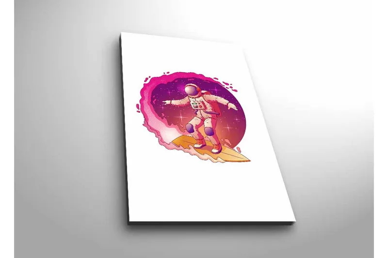 Canvas-taulu LED-valaistuksella - Astronautti surffaa avaruudessa, Vaaleanpunainen / Violetti / Beige