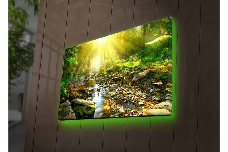 Canvas-taulu LED-valaistuksella - Auringon valaisema metsä ja solina puro - Vihreä / Keltainen / Ruskea - Sisustustuotteet - Taulu & taide - Canvas-taulu