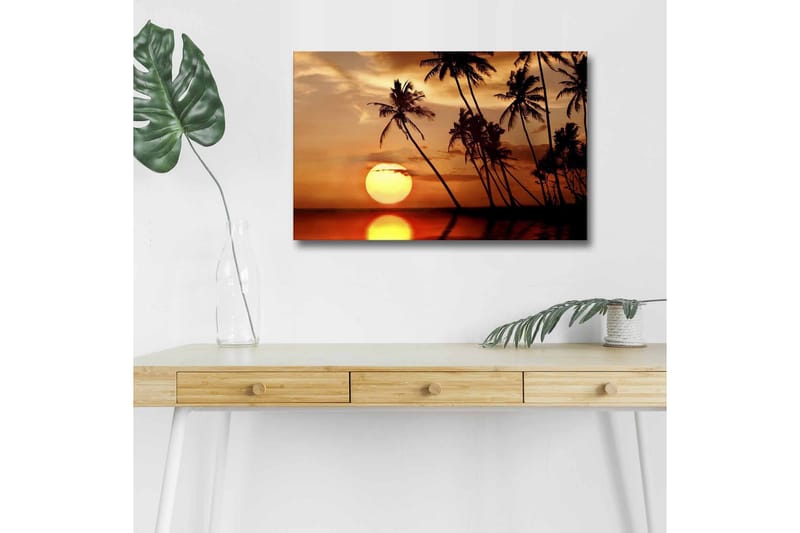 Canvas-taulu LED-valaistuksella - Auringonlasku ja palmuja horisontissa, Oranssi / Musta / Kulta