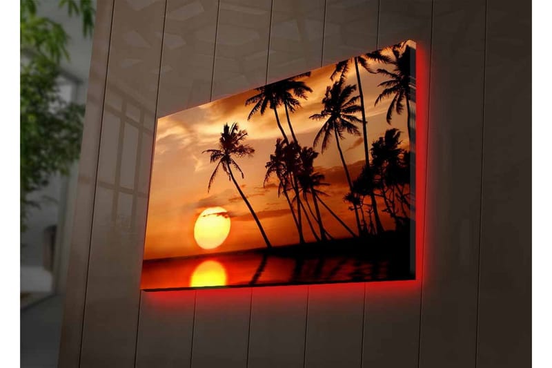 Canvas-taulu LED-valaistuksella - Auringonlasku ja palmuja horisontissa - Oranssi / Musta / Kulta - Sisustustuotteet - Taulu & taide - Canvas-taulu
