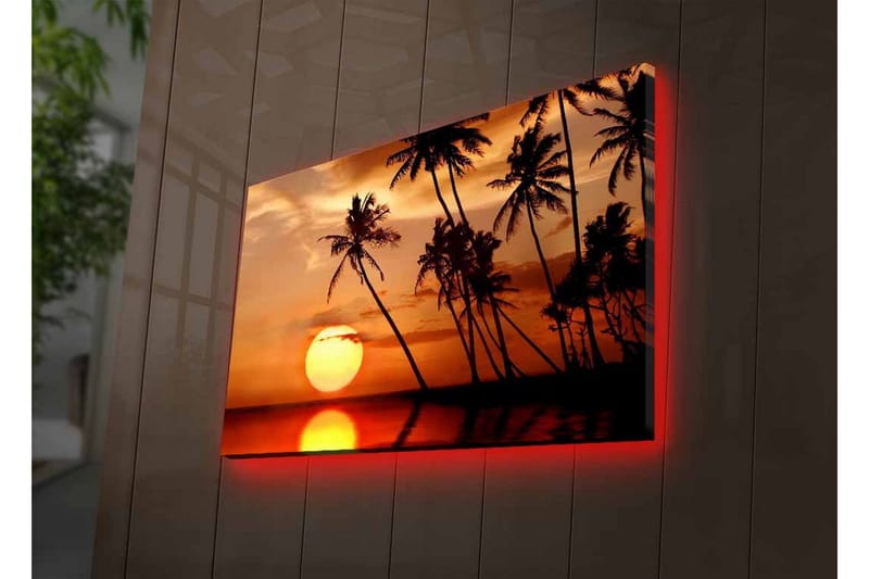 Canvas-taulu LED-valaistuksella - Auringonlasku ja palmuja horisontissa - Oranssi / Musta / Kulta - Sisustustuotteet - Taulu & taide - Canvas-taulu