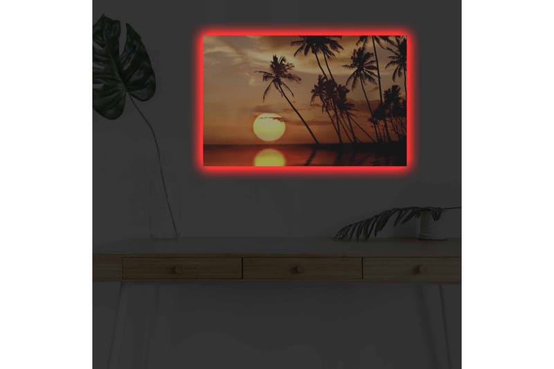 Canvas-taulu LED-valaistuksella - Auringonlasku ja palmuja horisontissa - Oranssi / Musta / Kulta - Sisustustuotteet - Taulu & taide - Canvas-taulu
