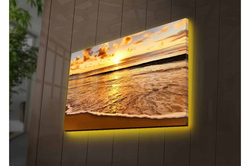 Canvas-taulu LED-valaistuksella - Auringonlasku meren yllä heijastuksilla vedessä - Kulta / Sininen / Hiekanbeige - Sisustustuotteet - Taulu & taide - Canvas-taulu