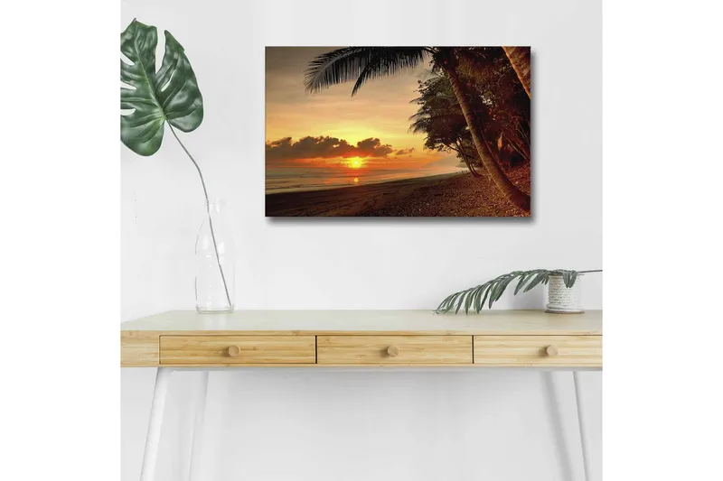 Canvas-taulu LED-valaistuksella - Auringonlasku rannan yllä, palmuja etualalla - Oranssi / Tummanvihreä / Ruskea - Sisustustuotteet - Taulu & taide - Canvas-taulu
