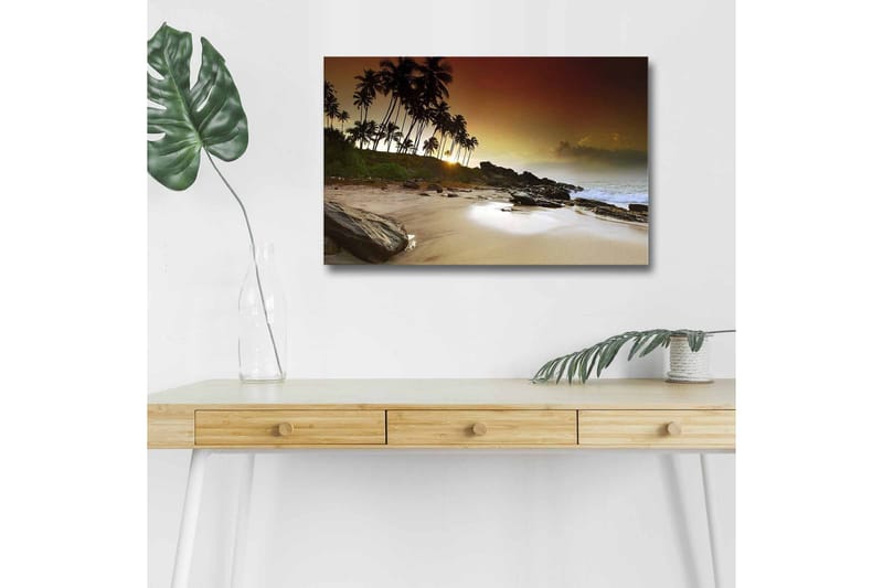Canvas-taulu LED-valaistuksella - Auringonlasku trooppisella rannalla palmujen ja kivien keskellä, Tummanruskea / Beige / Vihreä
