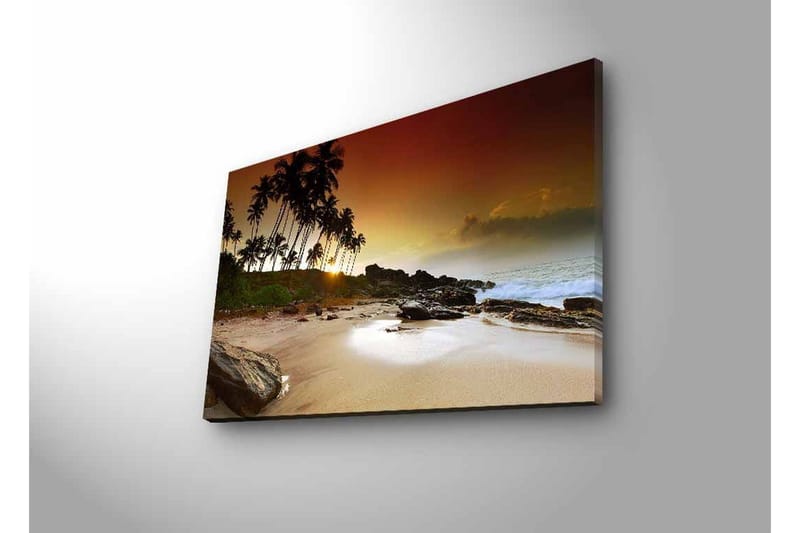 Canvas-taulu LED-valaistuksella - Auringonlasku trooppisella rannalla palmujen ja kivien keskellä - Tummanruskea / Beige / Vihreä - Sisustustuotteet - Taulu & taide - Canvas-taulu