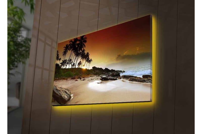 Canvas-taulu LED-valaistuksella - Auringonlasku trooppisella rannalla palmujen ja kivien keskellä - Tummanruskea / Beige / Vihreä - Sisustustuotteet - Taulu & taide - Canvas-taulu