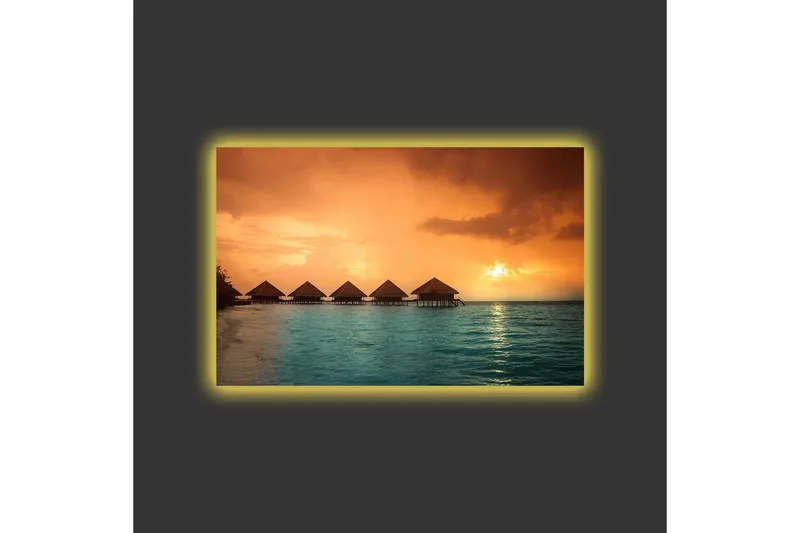 Canvas-taulu LED-valaistuksella - Auringonlasku trooppisen rannan yllä veden päällä olevien bungalowien kanssa - Oranssi / Turkoosi - Sisustustuotteet - Taulu & taide - Canvas-taulu