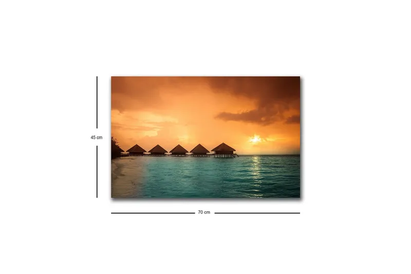 Canvas-taulu LED-valaistuksella - Auringonlasku trooppisen rannan yllä veden päällä olevien bungalowien kanssa - Oranssi / Turkoosi - Sisustustuotteet - Taulu & taide - Canvas-taulu