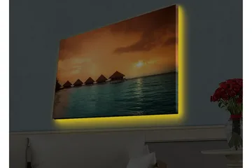 Canvas-taulu LED-valaistuksella - Auringonlasku trooppisen rannan yllä veden päällä olevien bungalowien kanssa - Oranssi / Turkoosi - Sisustustuotteet - Taulu & taide - Canvas-taulu