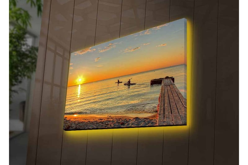 Canvas-taulu LED-valaistuksella - Auringonlasku tyynen veden yllä ja melojien näkeminen horisontissa - Kulta / Oranssi / Sininen - Sisustustuotteet - Taulu & taide - Canvas-taulu