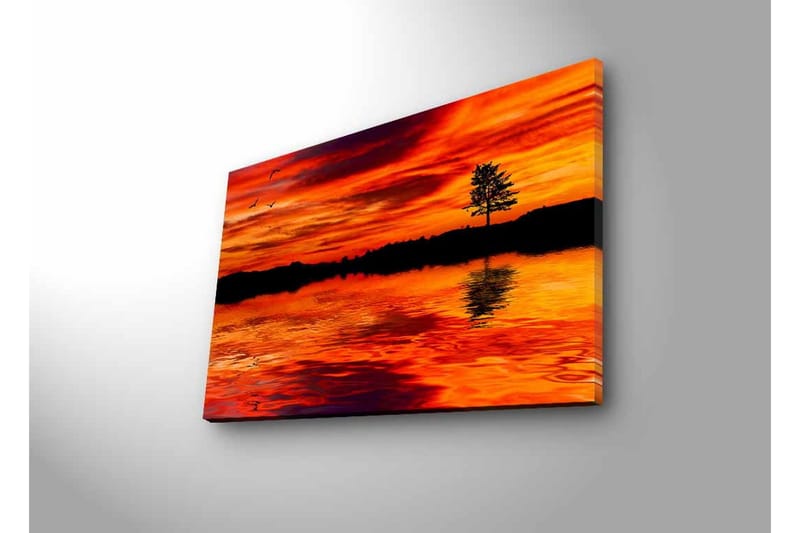 Canvas-taulu LED-valaistuksella - Auringonlasku tyynen veden yllä ja yksinäisen puun siluetti - Oranssi / Punainen / Musta - Sisustustuotteet - Taulu & taide - Canvas-taulu