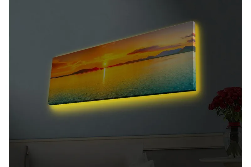 Canvas-taulu LED-valaistuksella - Auringonlasku tyynen veden yllä, Oranssi / Sininen / Kulta