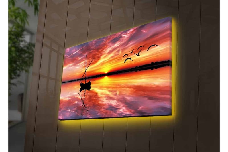 Canvas-taulu LED-valaistuksella - Auringonlasku tyynen veden yllä veneen ja lentävien lintujen kanssa - Oranssi / Violetti / Sininen - Sisustustuotteet - Taulu & taide - Canvas-taulu