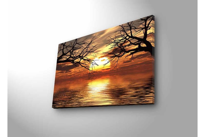Canvas-taulu LED-valaistuksella - Auringonlasku peilimäisten vesipintojen yllä puiden oksien siluettein - Kulta / Oranssi / Musta - Sisustustuotteet - Taulu & taide - Canvas-taulu