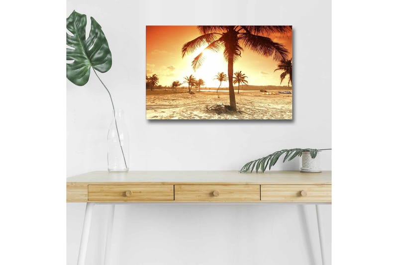 Canvas-taulu LED-valaistuksella - Auringonlasku palmujen peittämän rannan yllä, Oranssi / Kulta / Beige
