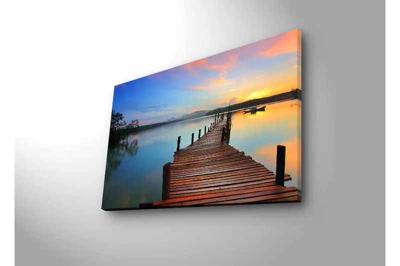 Canvas-taulu LED-valaistuksella - Auringonlasku puisen laiturin yllä veden äärellä - Oranssi / Sininen / Ruskea - Sisustustuotteet - Taulu & taide - Canvas-taulu
