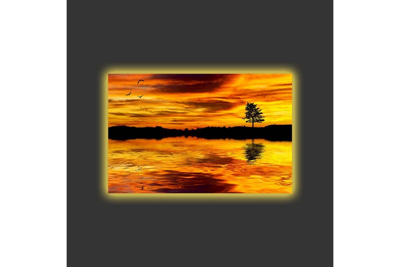 Canvas-taulu LED-valaistuksella - Auringonlasku peilimäisen järven yllä ja puun siluetti - Kulta / Oranssi / Musta - Sisustustuotteet - Taulu & taide - Canvas-taulu