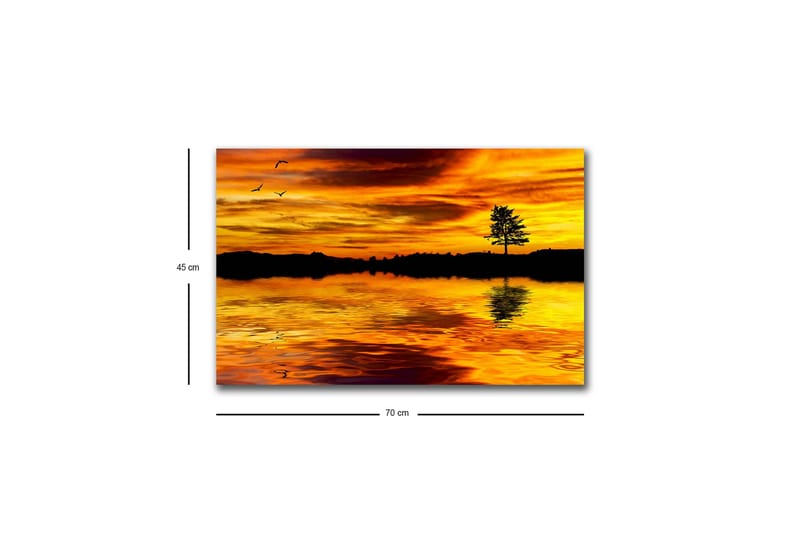 Canvas-taulu LED-valaistuksella - Auringonlasku peilimäisen järven yllä ja puun siluetti - Kulta / Oranssi / Musta - Sisustustuotteet - Taulu & taide - Canvas-taulu